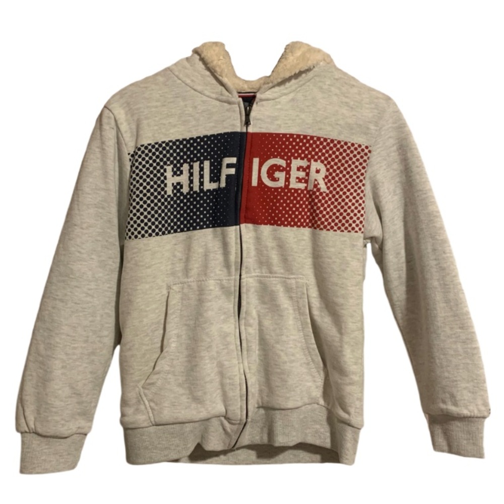 Tommy Hilfiger White-Gray Long Sleeve Sherpa Full Zip Hoodie Boy's Size M 12/14